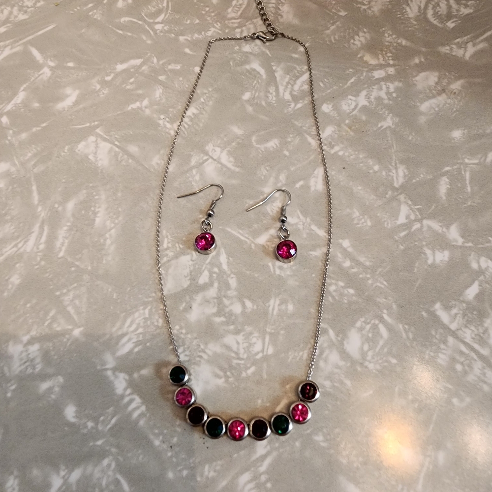 Silver-Tone Multicolor Crystal Necklace & Earrings Set - Pink Accent